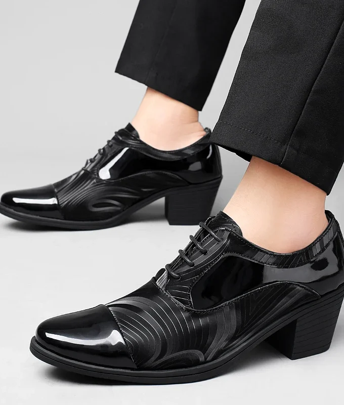 New Fashion black white Men's Dress Shoes Pointed Leather High Heel Shoes Men Height Increasing Wedding Shoes Men zapatos hombre