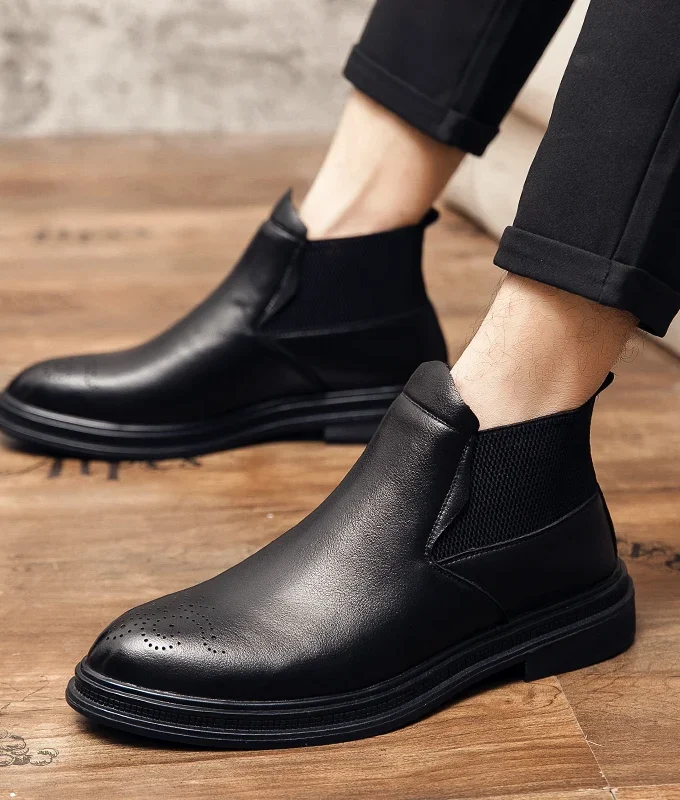Retro Chelsea Boots for Men High Quality Leather Formal Work Shoes British Style Male Ankle Boots Business Brogue Short Boots