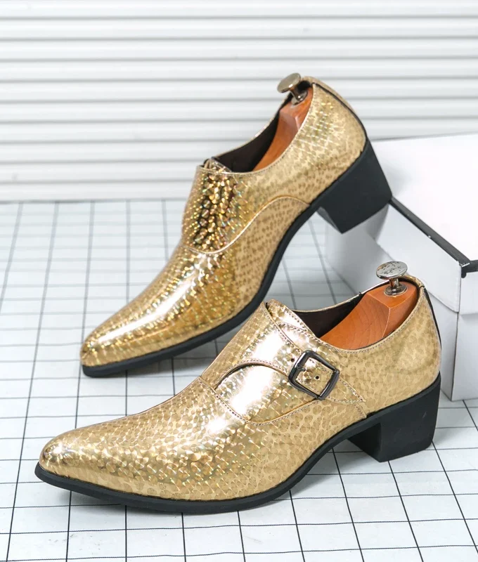 Luxury High Heel Casual Men Monk Strap Shoes Blue Black Gold Polishing Loafers Men Dress Shoes Wedding Office Leather Shoes Men