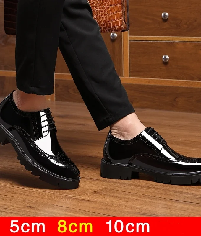 Luxury Men Brogues Patent Leather Elevator Shoes Man Height Increase Insole 8cm/10cm Black Formal Business Wedding Men Shoes New