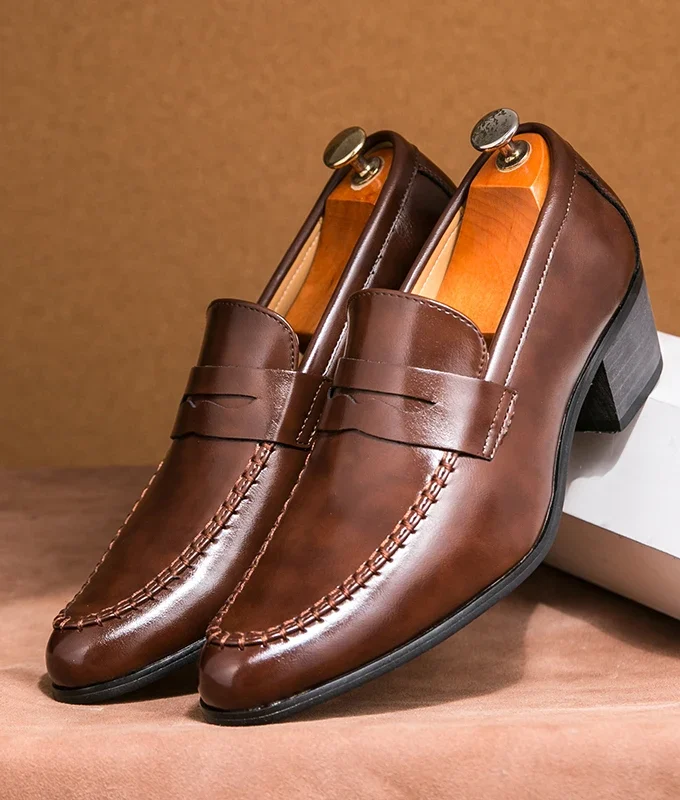 Men Penny Loafers With Heel 6CM Leather Shoes Business Elegant Wedding Party Casual Dress Shoes Brown Black Lift Shoes for Men