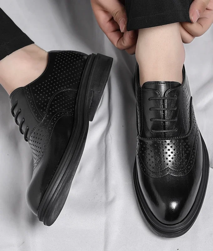 Spring Summer Men Hollow Platform High Heel 6/8 CM Height Growth Formal Men Derby Leather Shoes Man Wedding Dress Elevator Shoes