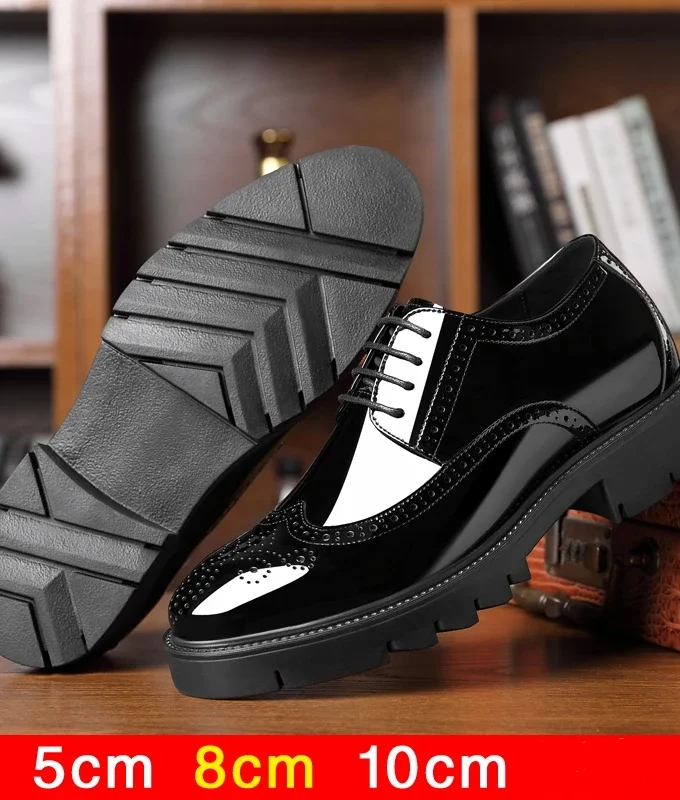 Luxury Men Brogues Patent Leather Elevator Shoes Man Height Increase Insole 8cm/10cm Black Formal Business Wedding Men Shoes New