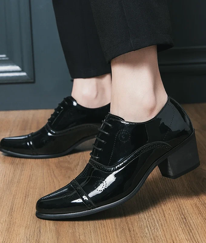 New Dress Leather Shoes Men High Heel 6cm Pointed Toe Brogue Wedding Shoes Height Increase Formal Career Work Jazz Dance Shoes
