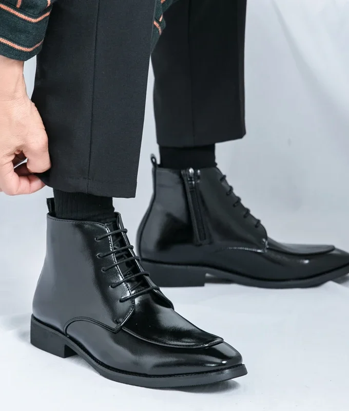Fashion Black White Matching Leather Boots for Men Ankle Boots Med Heel Zip Male Shoes Wedding Business Office Shoes Plus Size