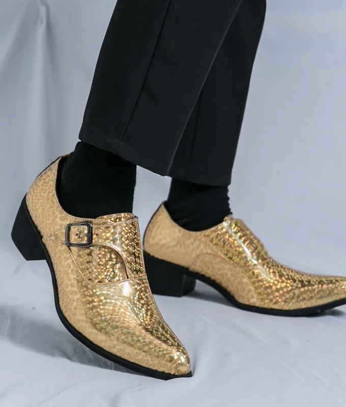 Luxury High Heel Casual Men Monk Strap Shoes Blue Black Gold Polishing Loafers Men Dress Shoes Wedding Office Leather Shoes Men