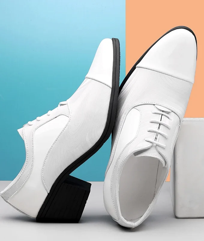 New Fashion black white Men's Dress Shoes Pointed Leather High Heel Shoes Men Height Increasing Wedding Shoes Men zapatos hombre
