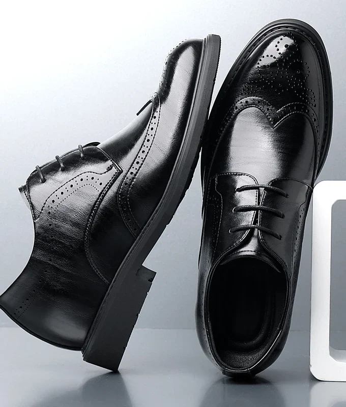 Men's Dress Brogues Elevator Shoes Platform Breathable Casual Business Luxury Genuine Leather Heightening Shoes 6 8CM Taller Man