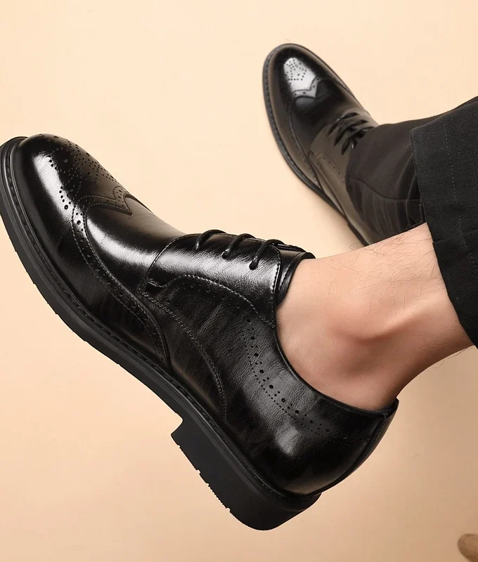 Men's Dress Brogues Elevator Shoes Platform Breathable Casual Business Luxury Genuine Leather Heightening Shoes 6 8CM Taller Man