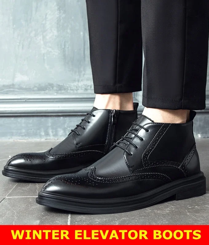 Autumn Winter Man Platform Boots Warm Height Increasing Boots Men Brogues Leather Shoes High Heel Shoes Male Elevator Boots