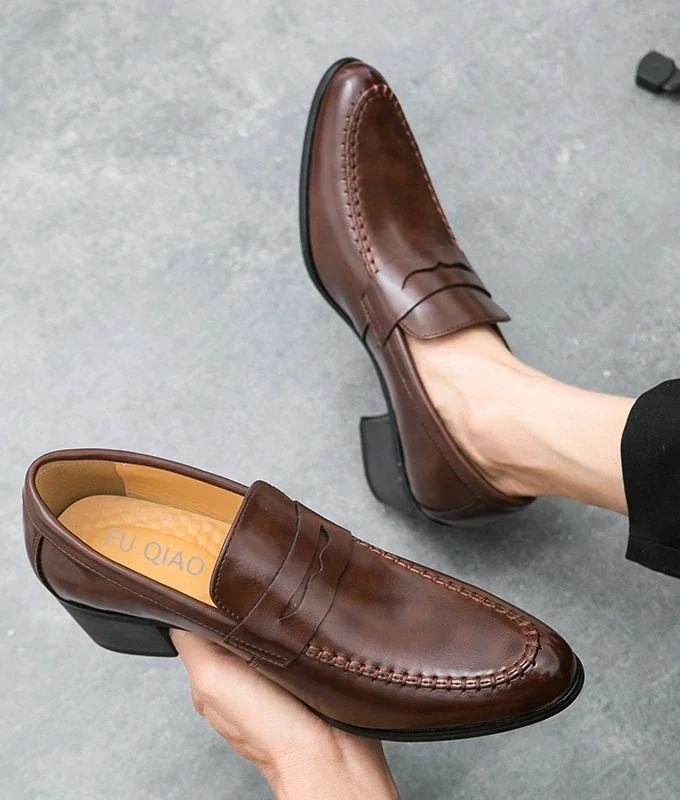 Men Penny Loafers With Heel 6CM Leather Shoes Business Elegant Wedding Party Casual Dress Shoes Brown Black Lift Shoes for Men
