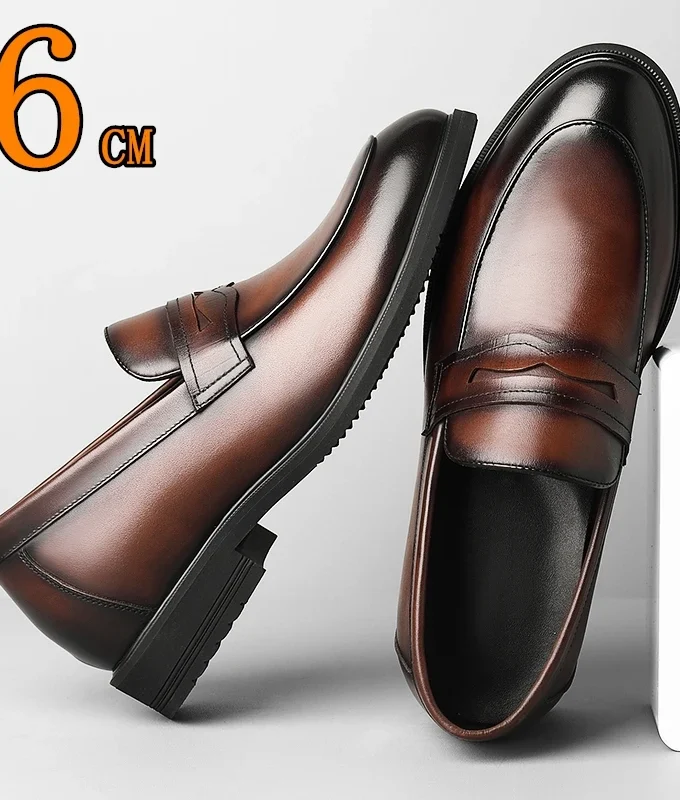 New Luxury Business Men's Cow Leather Shoes Breathable Rubber Sole Invisible Height Increasing Driving Shoes Summer Casual Shoes