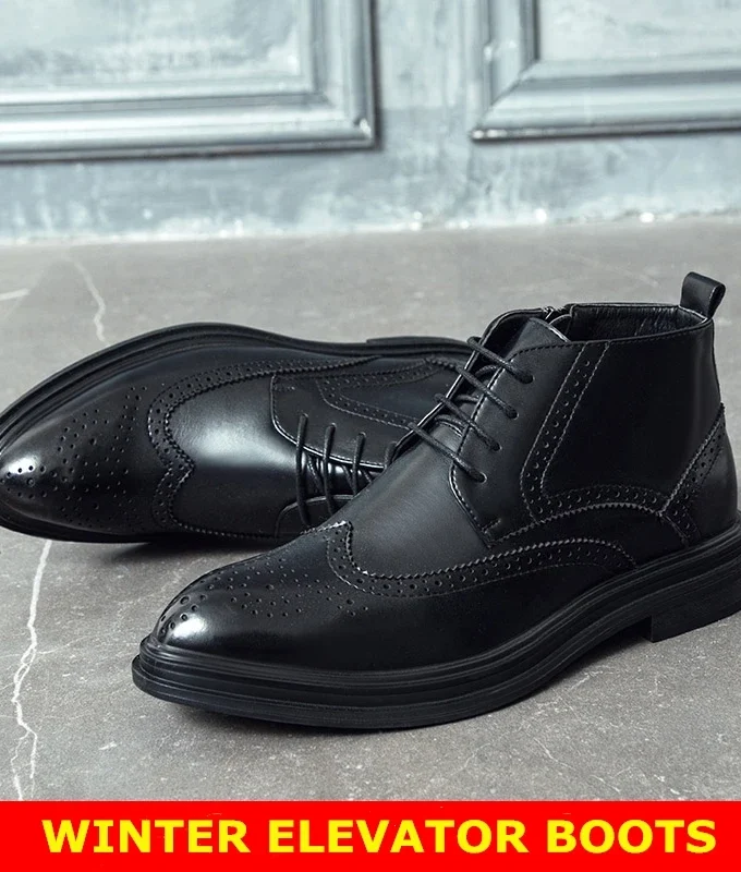 Autumn Winter Man Platform Boots Warm Height Increasing Boots Men Brogues Leather Shoes High Heel Shoes Male Elevator Boots