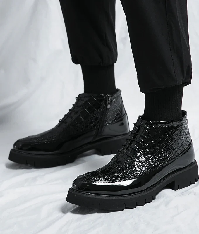 High Quality Leather Business Men's Boots Autumn Winter Black White Brogue Boots Crocodile Pattern Men Ankle Boots Men's Shoes