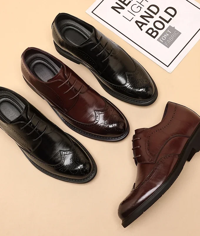 Men's Dress Brogues Elevator Shoes Platform Breathable Casual Business Luxury Genuine Leather Heightening Shoes 6 8CM Taller Man