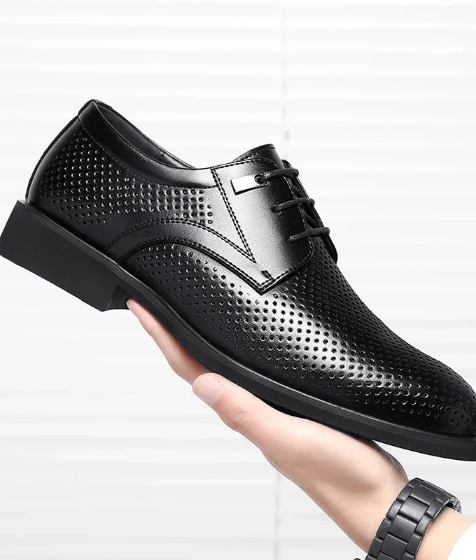Men Flat / 6CM Heightening Elevator Shoes Hollow Breathable Business Formal Leather Shoes Man British Dress Casual Wedding Shoes