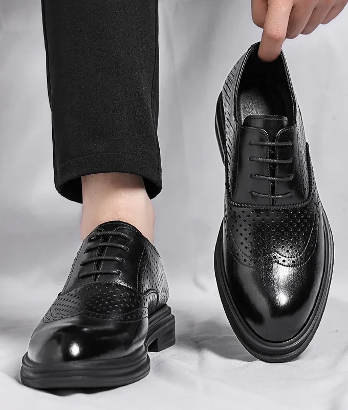 Spring Summer Men Hollow Platform High Heel 6/8 CM Height Growth Formal Men Derby Leather Shoes Man Wedding Dress Elevator Shoes