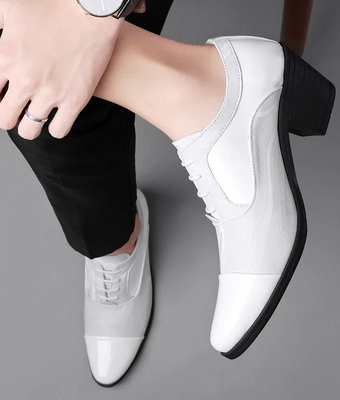 New Fashion black white Men's Dress Shoes Pointed Leather High Heel Shoes Men Height Increasing Wedding Shoes Men zapatos hombre