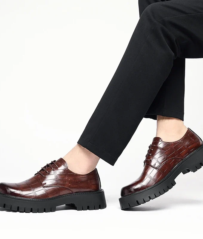 Vintage 4CM Platform Men's Genuine Leather Dress Shoes Luxury Handmade Autumn Designer Thick-sole Wedding Social Derby Shoes Man