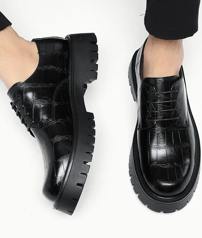 Vintage 4CM Platform Men's Genuine Leather Dress Shoes Luxury Handmade Autumn Designer Thick-sole Wedding Social Derby Shoes Man