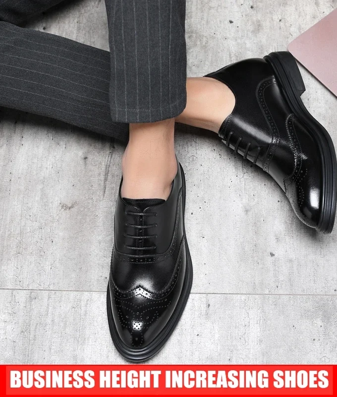 Platform High Heel 6/8 CM Height Increase Casual Men Brogue Genuine Leather Shoes Man Oxford Dress Shoes Elevator Formal Shoes