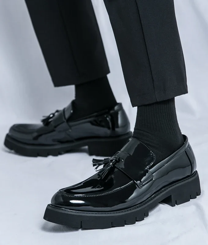 Men Patent Leather Oxfords Slip On Thick Tottom Height Increasing Derby Shoes Casual al Loafers Fashion Formal Dress Shoes