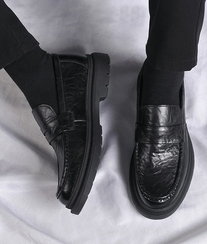 Men Penny Loafers Fashion Business Casual Thick Platform Genuine Leather Wedding Loafer Shoes Harajuku Korean Man Leather Shoes