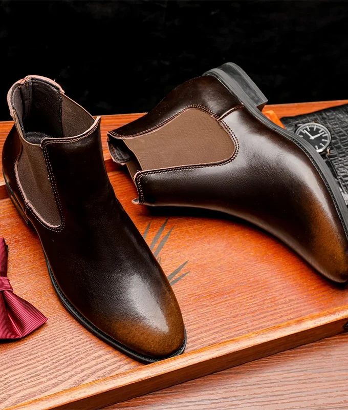 Men Classic Retro Chelsea Boots Genuine Leather High Top Pointed Toe Fashion Casual Comfortable Warm Plush Business Ankle Boots