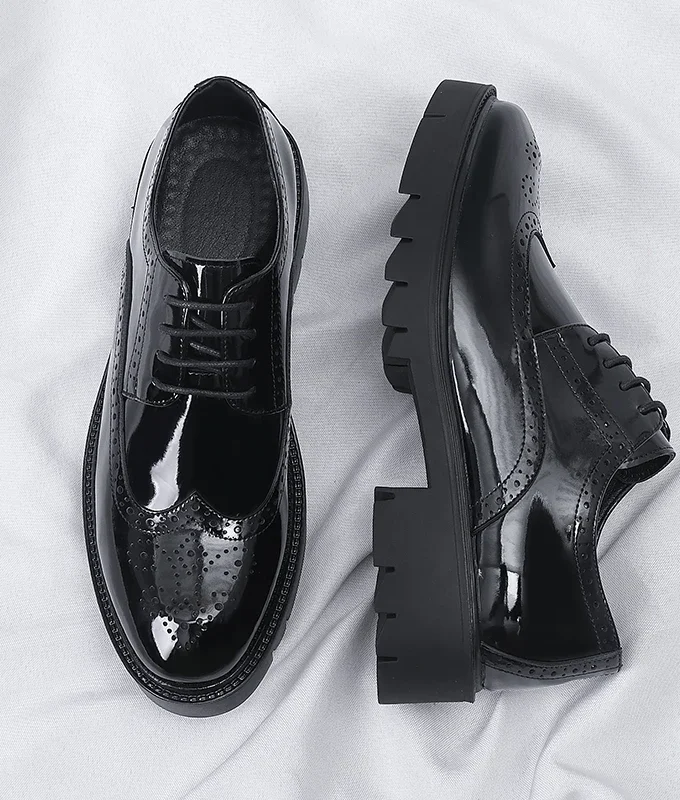 Platform High Heel 4/7/9 CM Height Increase Casual Men Brogue Patent Leather Shoe Man Oxford Dress Shoes Elevator Formal Wedding