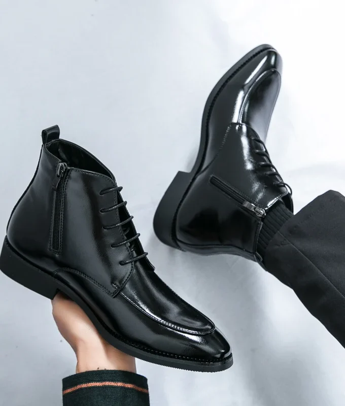 Fashion Black White Matching Leather Boots for Men Ankle Boots Med Heel Zip Male Shoes Wedding Business Office Shoes Plus Size