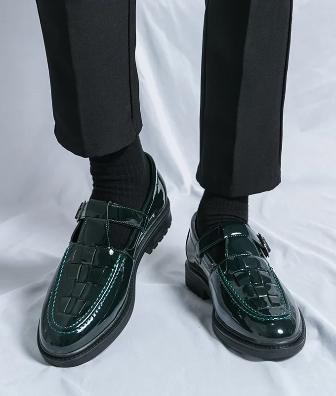 Patent Leather Checkered Weave Hollow Loafers 2024 Summer New Glossy Metal Buckle Strap Flats Round Toe Platform Casual Men Shoe