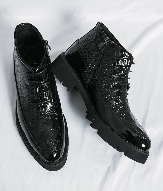 High Quality Leather Business Men's Boots Autumn Winter Black White Brogue Boots Crocodile Pattern Men Ankle Boots Men's Shoes