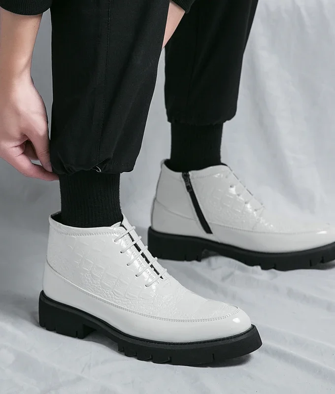 High Quality Leather Business Men's Boots Autumn Winter Black White Brogue Boots Crocodile Pattern Men Ankle Boots Men's Shoes