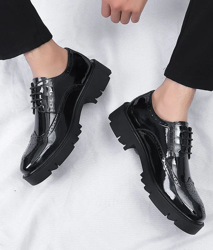 Platform High Heel 4/7/9 CM Height Increase Casual Men Brogue Patent Leather Shoe Man Oxford Dress Shoes Elevator Formal Wedding