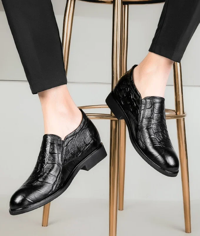 Dress Loafers Man Business Elevator Shoes Men Leather Shoes Lift Height Increase Insoles 6CM/flat Classic Formal British Black