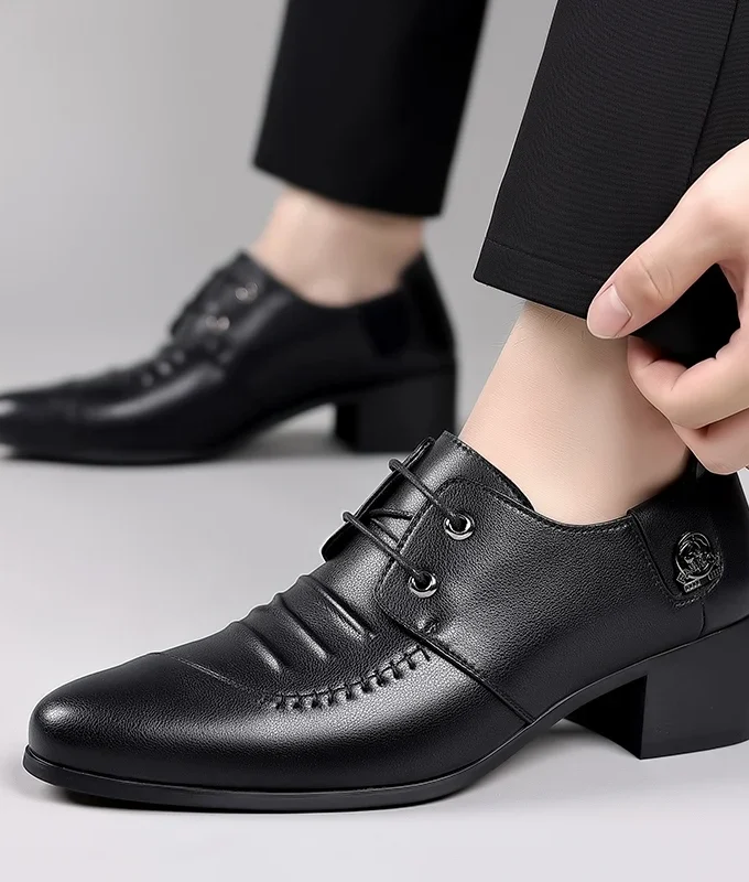 Man Cow Leather Shoes Height Increasing High Heel Shoes Business Party Dress Wedding Shoes Comfortable Formal Wear Casual Shoes