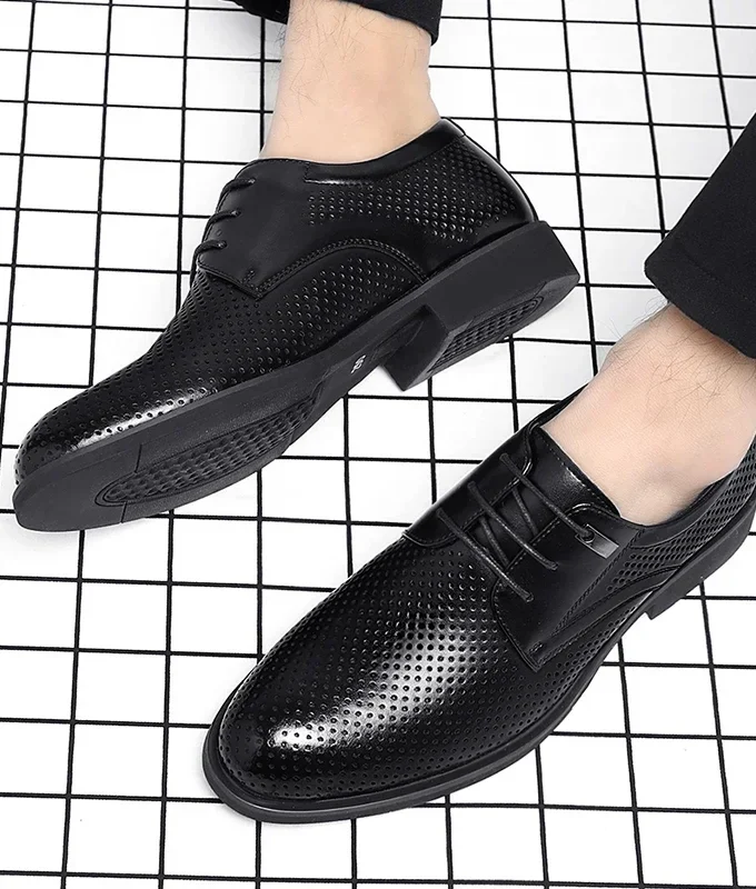 Men Flat / 6CM Heightening Elevator Shoes Hollow Breathable Business Formal Leather Shoes Man British Dress Casual Wedding Shoes