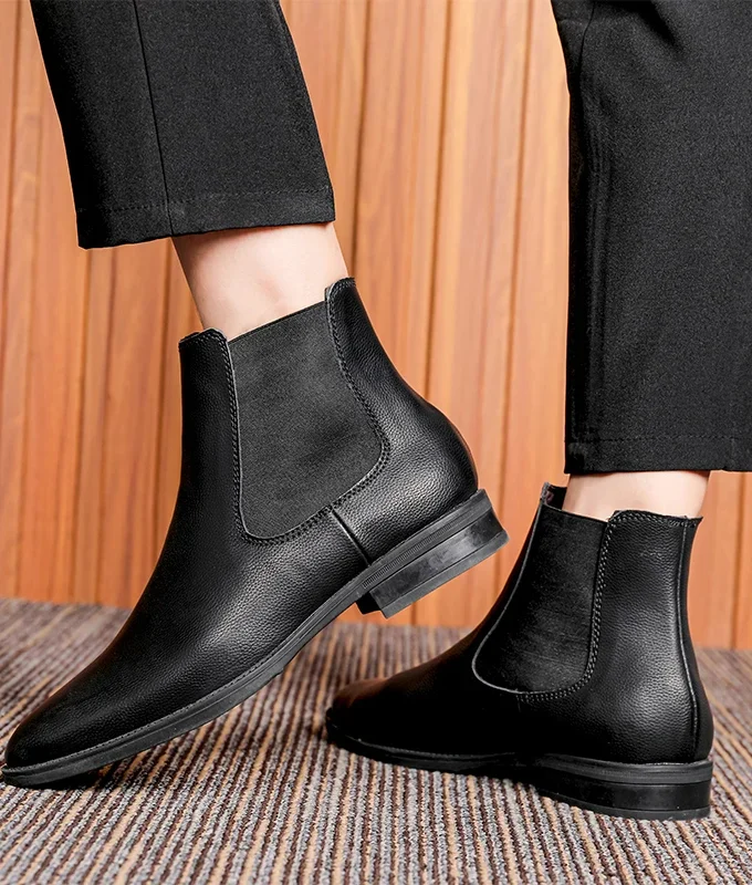 Men Classic Retro Chelsea Boots Genuine Leather High Top Pointed Toe Fashion Casual Comfortable Warm Plush Business Ankle Boots