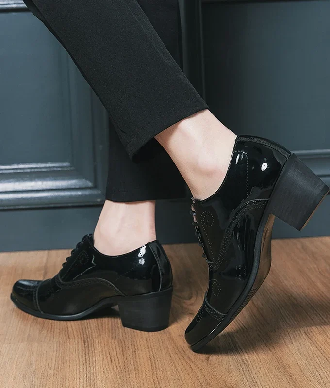 New Dress Leather Shoes Men High Heel 6cm Pointed Toe Brogue Wedding Shoes Height Increase Formal Career Work Jazz Dance Shoes
