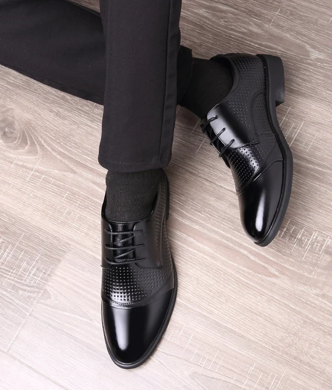 Flat / 6CM Genuine Leather Men Formal Elevator Shoes Wedding Business Height Increase Lift Shoes Invisible Summer Hollow Wedding