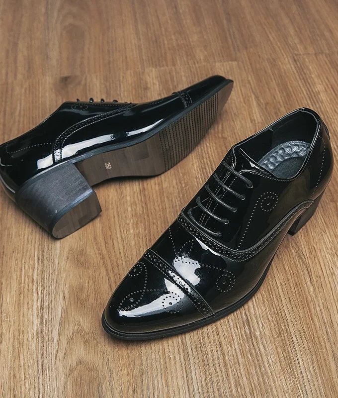 New Dress Leather Shoes Men High Heel 6cm Pointed Toe Brogue Wedding Shoes Height Increase Formal Career Work Jazz Dance Shoes
