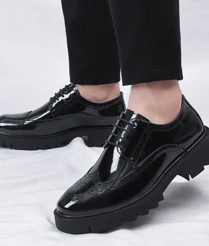 Platform High Heel 4/7/9 CM Height Increase Casual Men Brogue Patent Leather Shoe Man Oxford Dress Shoes Elevator Formal Wedding