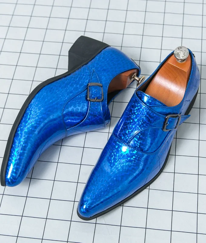 Luxury High Heel Casual Men Monk Strap Shoes Blue Black Gold Polishing Loafers Men Dress Shoes Wedding Office Leather Shoes Men