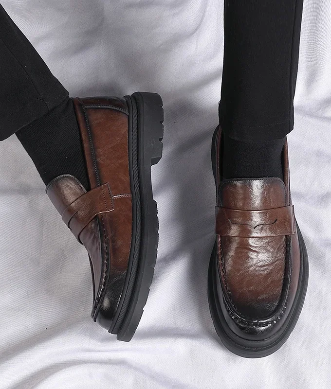 Men Penny Loafers Fashion Business Casual Thick Platform Genuine Leather Wedding Loafer Shoes Harajuku Korean Man Leather Shoes