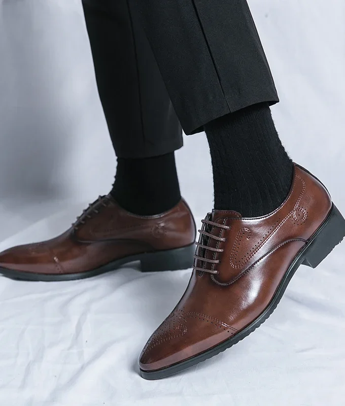 Big Size Classic Black Brown Men's PU Leather Oxford Shoes Lace-Up Office Dress Wedding Brogue Pointed Toe Business Formal Shoes