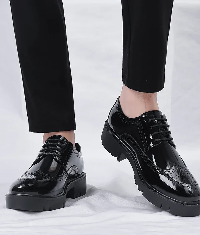 Platform High Heel 4/7/9 CM Height Increase Casual Men Brogue Patent Leather Shoe Man Oxford Dress Shoes Elevator Formal Wedding