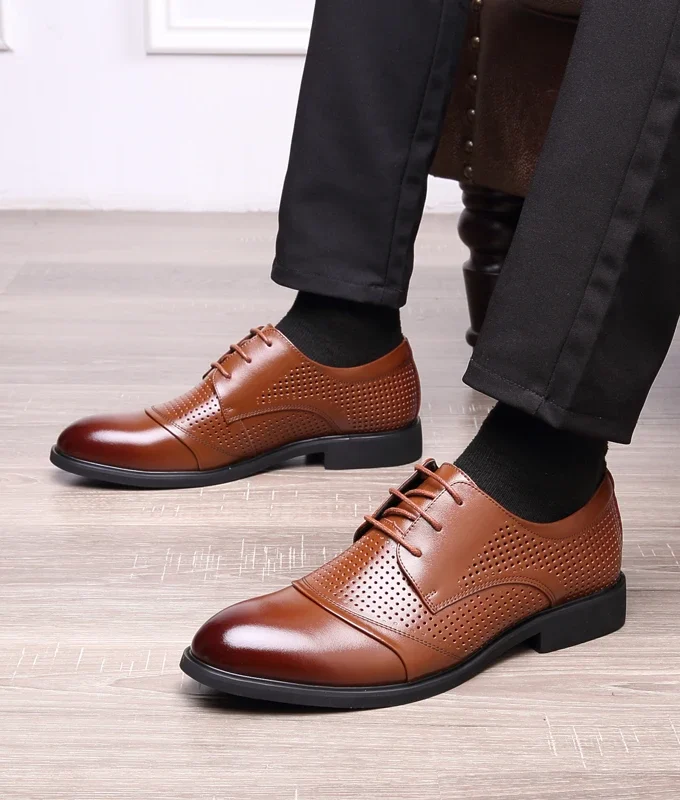 Flat / 6CM Genuine Leather Men Formal Elevator Shoes Wedding Business Height Increase Lift Shoes Invisible Summer Hollow Wedding