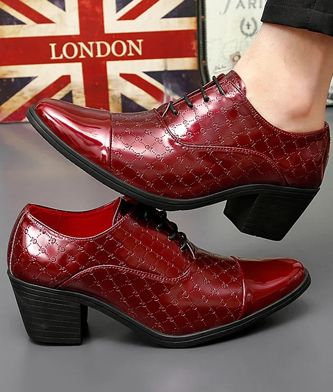 New Men Formal Shoes High Heels Oxfords Soft Mocassins Male Flower Red Height Increase White Dress Driving Wedding Boat Shoes