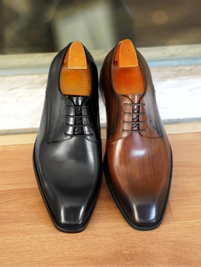 Italian Flat Mens Dress Shoes Luxury Genuine Leather Brand Handmade Quality Square Toe Laces Up New Business Party Social Shoes