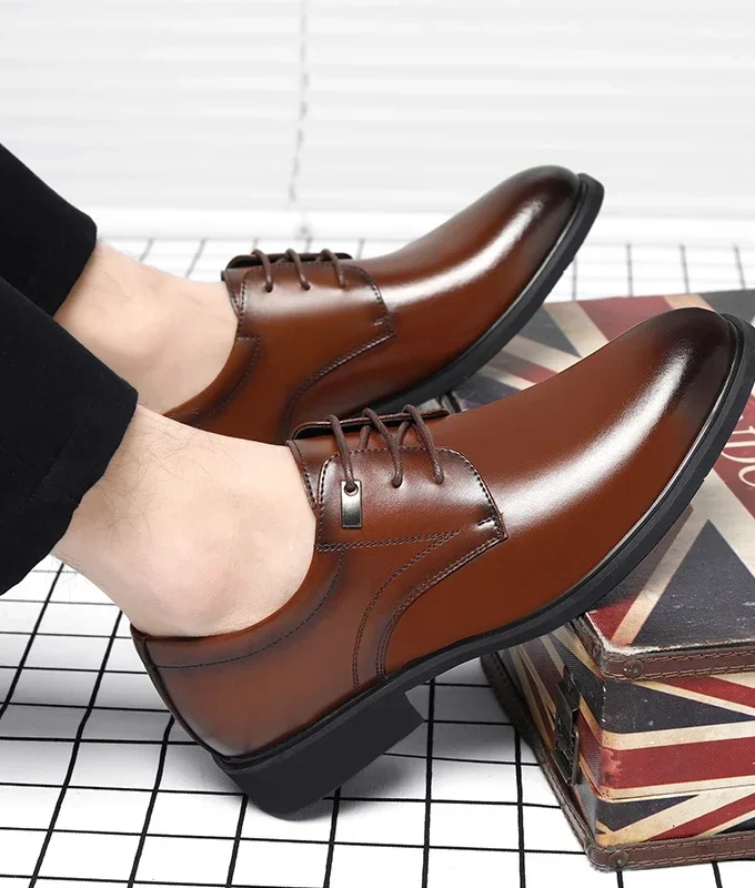 Men Flat / 6CM Heightening Elevator Shoes Hollow Breathable Business Formal Leather Shoes Man British Dress Casual Wedding Shoes